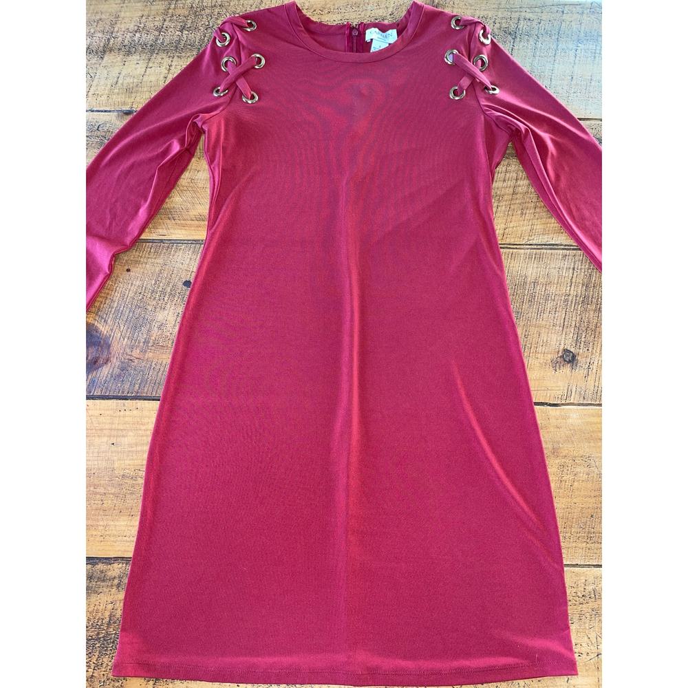 Womens Carmen Marc Valvo Brick Red Long Sleeve Slinky Soft Grommet Dress Small‎
